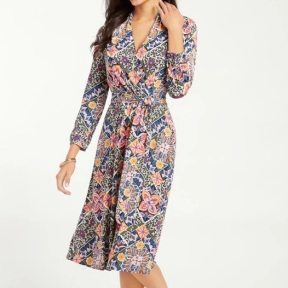 Tommy Bahama Mosaic Relief Mosaic Relief  Tambour 3/4 Sleeve Faux Wrap Dress - Picture 3 of 9